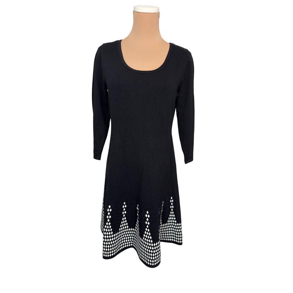 Nine West Sweater Dress Black White Geometric Hem Fit & Flare Women’s Medium